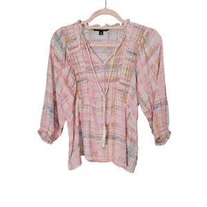 Zac &‎ Rachel Petite Plaid Print 3/4 Sleeve Top Blouse Boho Casual, Size SmPet